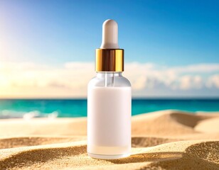 Luxury Skincare Bottle Display on Sand Texture with Warm and Teal Tones