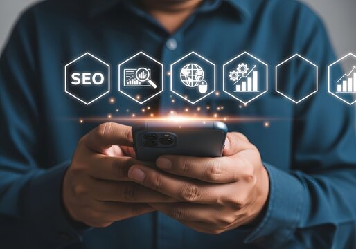 Man holding a smartphone with seo and data analysis icons floating above the device screen - Powered by Adobe