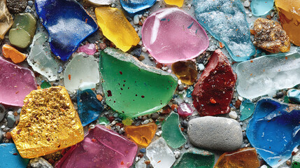 A vibrant collection of tumbled sea glass in various colors and sizes, showcasing a mosaic of textures. Captured under bright, even lighting.