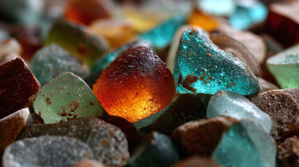 A collection of beautiful beach glass with vivid colors. The smoothed edges of the sea glass create a tactile and intriguing display.