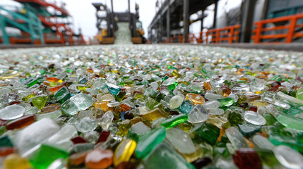 Ground-level shot captures colorful crushed glass fragments under an overcast sky, hinting at recycling or an art installation.