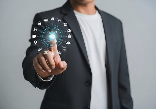 Man in suit touching a digital fingerprint surrounded by icons of various applications - Powered by Adobe