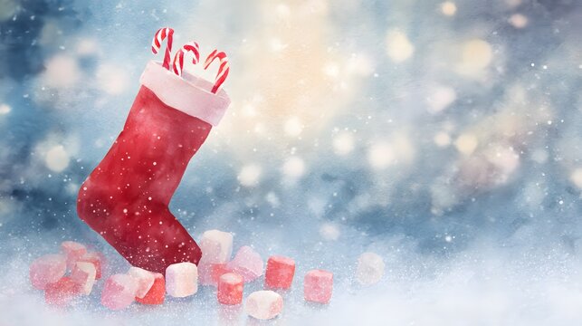 Cozy winter watercolor Christmas stocking scene festive marshmallows candy canes bokeh snow sparkle - Powered by Adobe