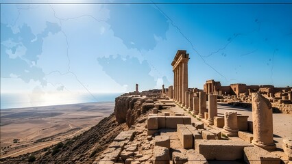 A wide-angle shot of a majestic row of ancient stone pillars standing along the edge of a rugged cliff.