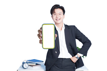 Smartphone Presentation: A smiling businessman showcases a blank smartphone screen, symbolizing modern communication and technology. Ideal for showcasing new apps and concepts.