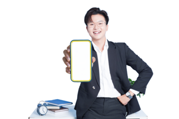 Smartphone Presentation: A smiling businessman showcases a blank smartphone screen, symbolizing modern communication and technology. Ideal for showcasing new apps and concepts.