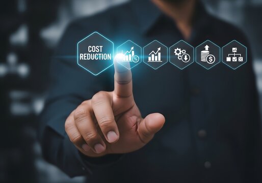 Man pointing at cost reduction icon with various business related icons in the background