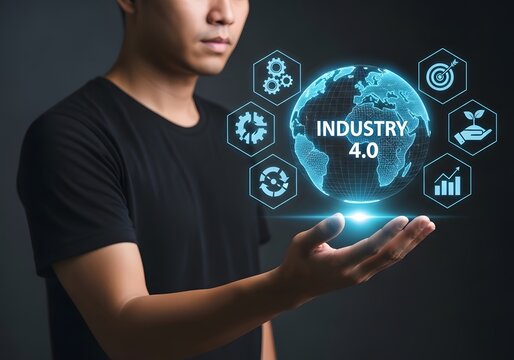 Man presenting industry four point zero with digital icons and a holographic globe image - Powered by Adobe