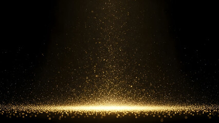 Fototapeta premium Golden Sparkling Light Particles Rising from Glowing Ground on Black Background Luxurious Abstract Light Stage