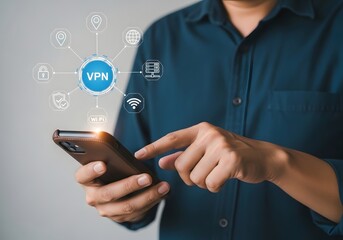 Man using smartphone with vpn connection and icons displaying internet security features around it