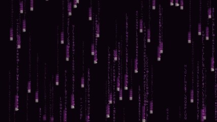 Digital symbols and letters fall in a background that represents themes of cybersecurity and technology in an artful display of motion