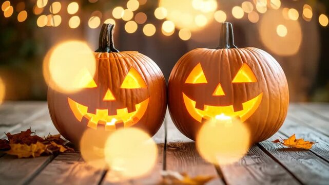 Two carved pumpkins with glowing faces sit on a wooden surface, illuminated by warm bokeh lights.