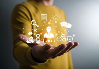 Person holding hand out with floating icons representing business and success elements around it