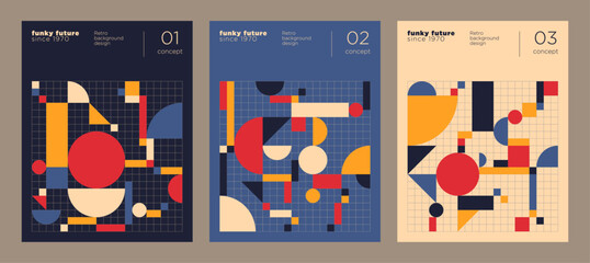 A set of brochure cover templates in a geometric retro style with a colorful shapes. Vector illustration.