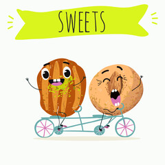 Fototapeta premium Funny Characters lokma, tulumba. Turkish, Eastern sweets. Hand drawn vector illustration.