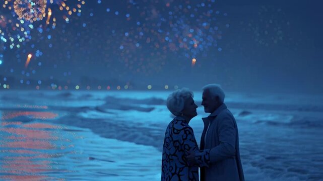 Happy New Year celebration captured on camera at dusk on a serene beach with fireworks exploding above