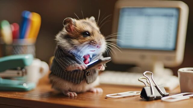 Hamster in Business Suit Holding Smartphone at Miniature Office Desk 4K 3D Render