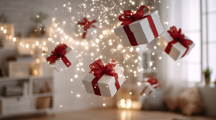 Floating gifts amid twinkling lights evoke holiday magic. The scene exudes warmth, joy, and anticipation of the festive spirit.