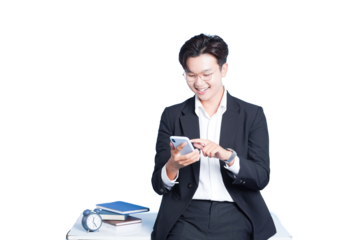 Business Professional at Work: A poised business professional, impeccably dressed, engages with a smartphone. The scene captures the blend of modernity, connectivity, and business acumen.