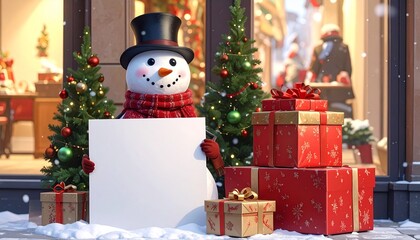snowman in a city with gifts holding an empty sign. Template