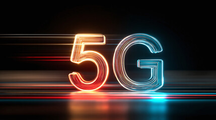 An abstract illustration depicting the concept of a 5G network. The glowing letters symbolize the speed and efficiency of modern technology.