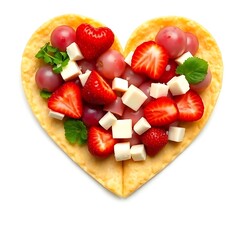 Fototapeta premium Heart-Shaped Flatbread Pizza with Fresh Strawberries, Grapes, Cheese Cubes, and Mint – Romantic Valentine's Day Dessert Concept