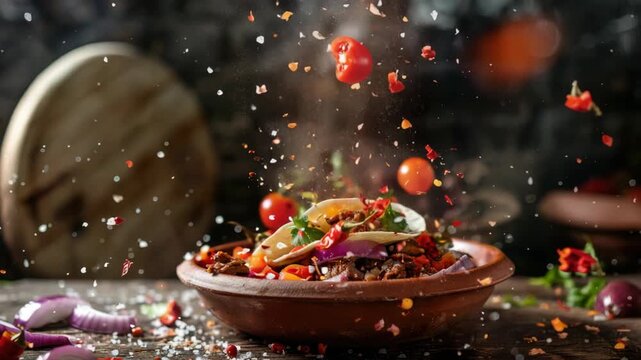 Delicious tacos with vibrant colors and spices being sprinkled on them.