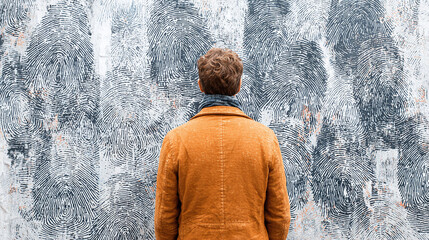A person standing in front of a wall covered in black and white fingerprint pattern. Individual identity and uniqueness are creatively depicted.