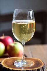 Refreshing Glass of Sparkling Apple Cider on Rustic Wooden Coaster