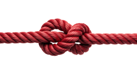 An extreme close-up of a tightly tied red industrial rope with a reef knot on a transparent background with copy space. Concept of commitment and security
