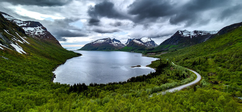 View Over Fjord With Cottages From Bergsbotn Viewing Platform On Senja Island In Norway