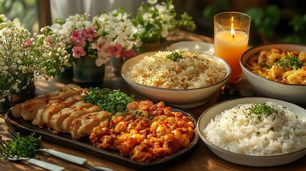 Obraz premium Romantic dinner featuring spicy dakgalbi fried rice and makgeolli served with flowers and candles on a cozy table for two