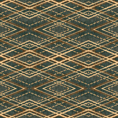 Seamless Woven Tribal Geometric Pattern: Aztec Diamond Motifs in Earthy Brown and Beige on a Rich Teal Fabric Texture.