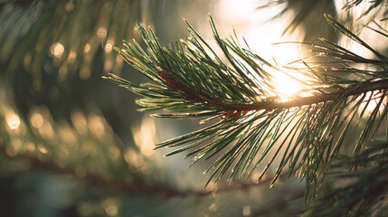Sunlight streams through pine needles, creating a bokeh effect. The needles are green and healthy, a sign of a well-cared-for environment.