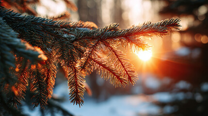A close-up shows a frost-covered pine branch with sunlight peeking through the needles, creating a warm, golden glow against the snowy background.