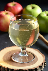 Refreshing Glass of Sparkling Apple Cider on Rustic Wooden Coaster
