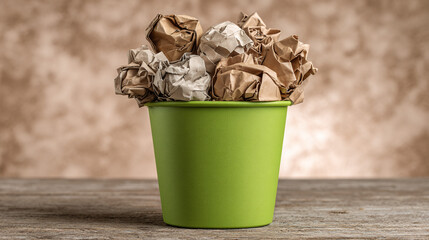 A green trash can, overflowing with crumpled kraft paper, sits atop a rustic wooden table, symbolizing waste, recycling, or the writing process.
