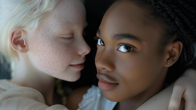 Close-up of two females embracing each other with affection and love in their eyes.
