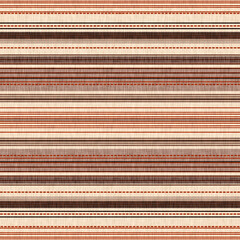 Rustic Seamless Horizontal Stripe Pattern with Stitching Detail in Earth Tones: Brown, Terracotta, and Beige Linen Texture.