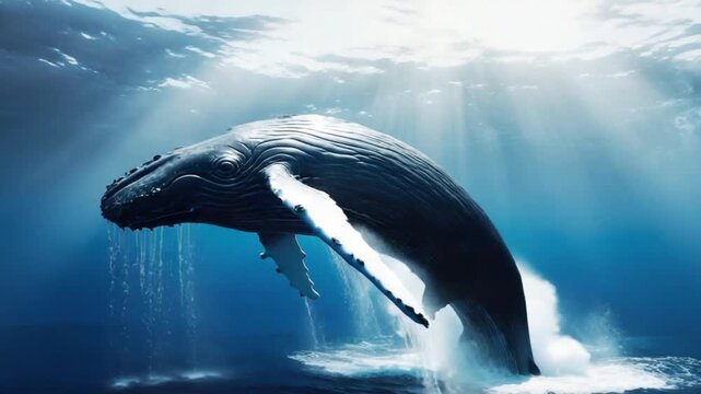 Powerful humpback whale breaches the ocean surface amidst sun rays and splashing water