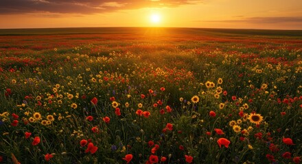 Vibrant field of mixed wildflowers illuminated by the setting sun on the horizon