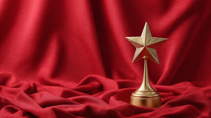 A golden star trophy rests on a flowing red satin cloth, symbolizing achievement and prestige with simple elegance. The single trophy shines.