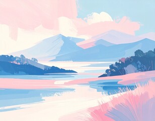 Fototapeta premium Pastel abstract landscape with calm lake and distant mountains
