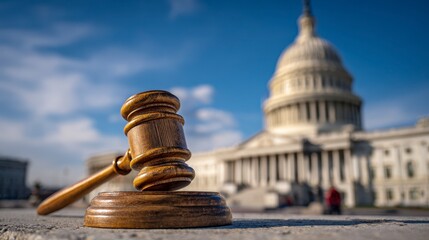 A wooden gavel rests on a stone surface with the U.S. Capitol Building in the blurred background under a clear blue sky