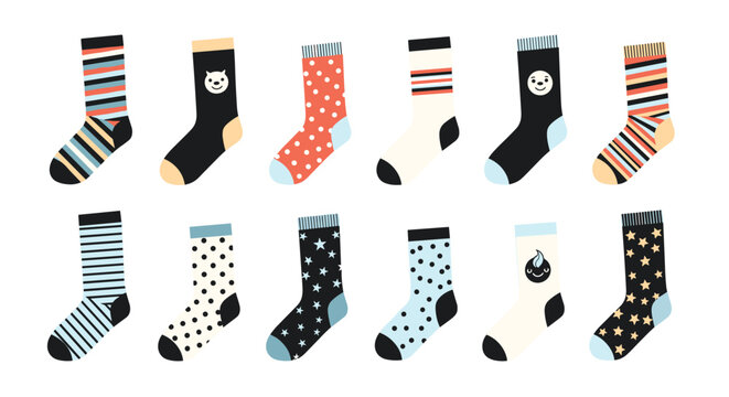Collection of colorful and patterned children socks with various designs like stripes dots stars and cute animal faces.
