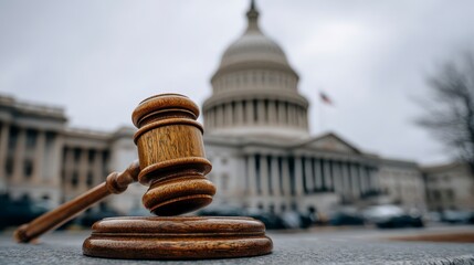 Close-up of a wooden gavel in front of a majestic government building with a large dome on a cloudy day