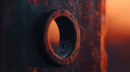 A close-up view of a rusted metal surface with a circular hole in the center.