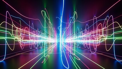 Vibrant Neon Light Energy Waves Pulsing Through a Futuristic Digital Grid Environment, Abstract Spectrum Visualization