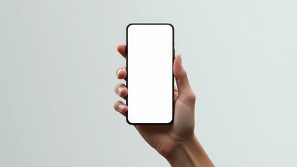 Human hand holding smartphone with blank white screen isolated on clean background ideal for mobile app mockup and digital presentation