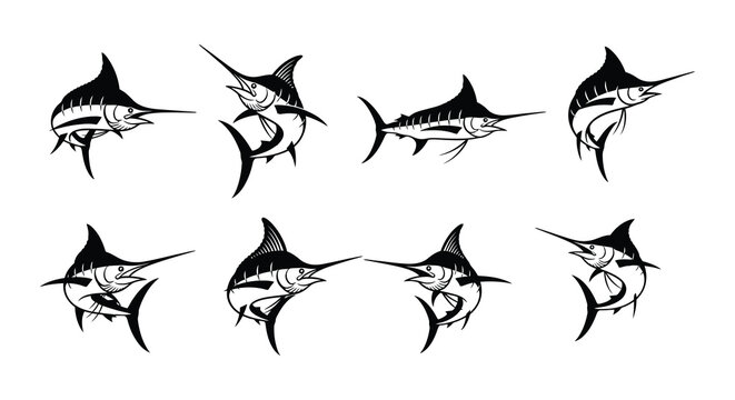Multiple black and white illustrations of marlin fish heads in various positions